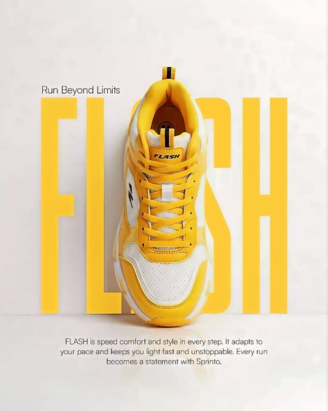 A high-angle product shot of a yellow and white running shoe positioned against a bold, oversized yellow font background.