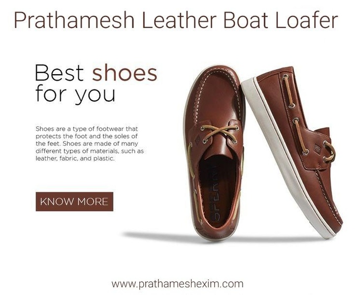 A clean, high-contrast advertisement for leather boat loafers, featuring a centered product focus and minimal brand copy.