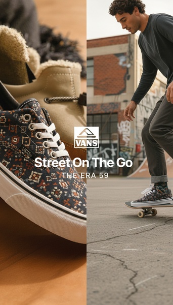 A vertical 9:16 split-screen composition showing a detailed product close-up on the left and a lifestyle action shot of a person skateboarding on the right.