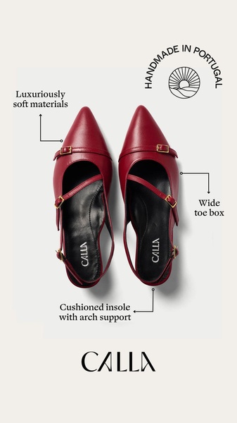 A clean, minimalist 9:16 layout that uses call-outs to point directly to the comfort features of a women's flat, emphasizing build quality and origin.