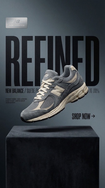 A high-end, floating studio shot of a suede running shoe centered on a dark pedestal with bold, minimalist typography.