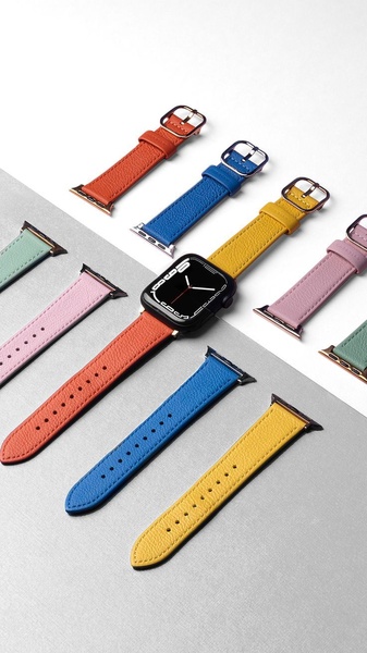 watch bands, watch straps, smartwatch bands, leather watch bands, apple watch bands, product launch, brand awareness, minimalist, flat lay, fresh, playful, neutral, blue, yellow