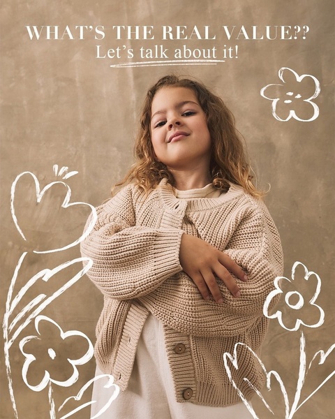 A soft-focus, organic image of a child in a beige knit cardigan, utilizing hand-drawn graphic elements to create a warm and approachable brand aesthetic.