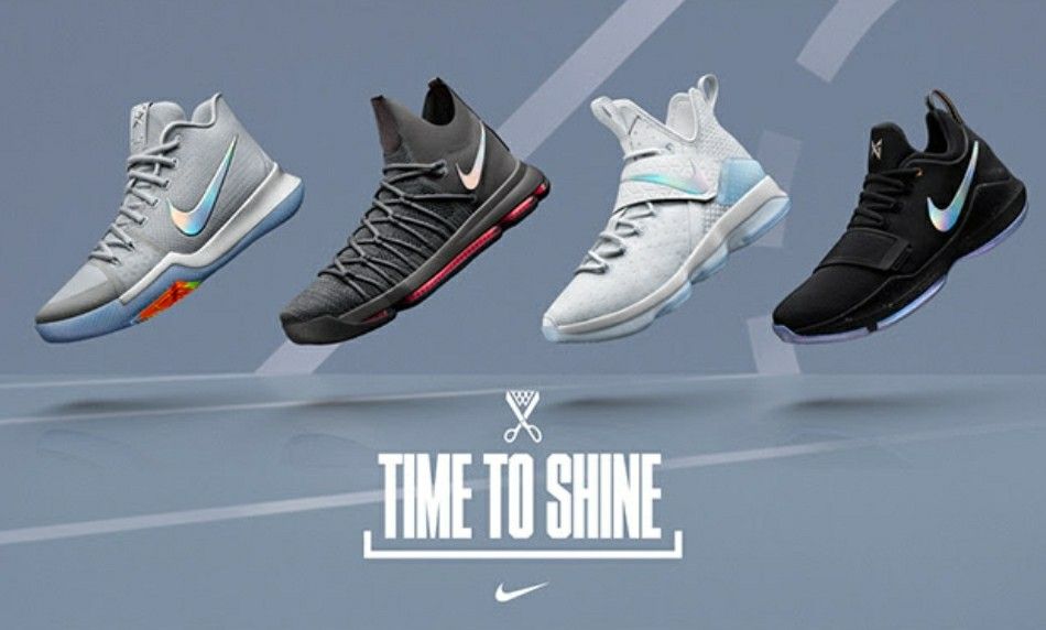 A horizontal 16:9 creative featuring four distinct athletic shoe models floating in a clean, professional product lineup with a central inspirational slogan.