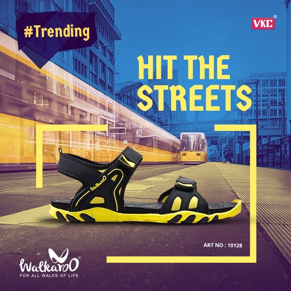 This 1:1 square ad features a high-contrast product shot of a sandal against a motion-blurred urban street background, utilizing bold yellow text for maximum visibility.