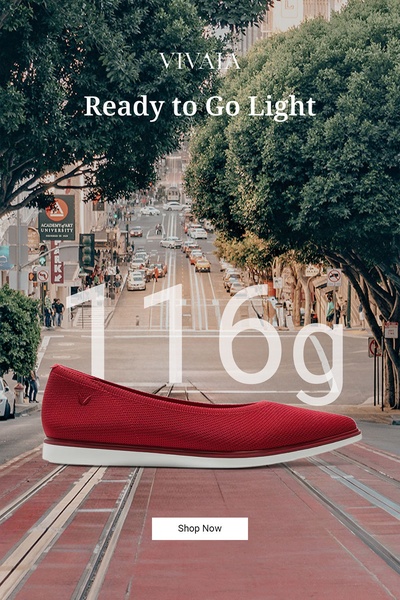 A clean, urban-focused ad creative highlighting the ultra-lightweight 116g nature of a women's flat shoe using a simple, value-driven text overlay.