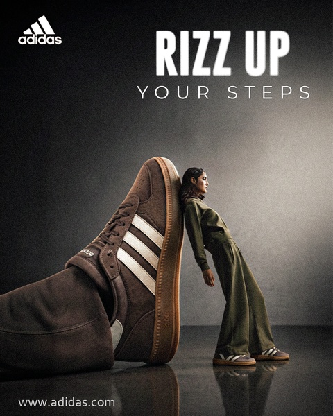 A high-impact ad featuring an oversized running shoe next to a model, emphasizing scale to create a memorable brand moment.