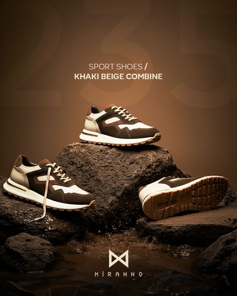 This creative features three sport shoes displayed on dark, rugged rocks in a moody, studio-lit environment, emphasizing high-end product design.