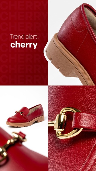 A high-fashion vertical ad creative showcasing a cherry-red loafer through a multi-panel grid layout that focuses on product texture and hardware details.