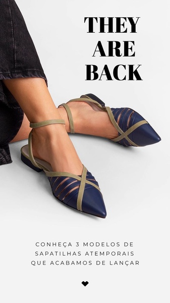 A clean, high-contrast 9:16 vertical ad featuring a pair of modern ballet flats with a bold text overlay highlighting a product return or restock.