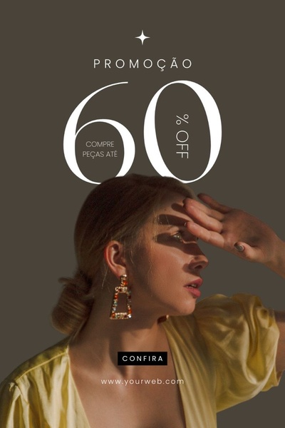 A high-fashion, minimalist creative featuring a model in yellow attire highlighting a luxury earring piece with a clear 60% off offer.