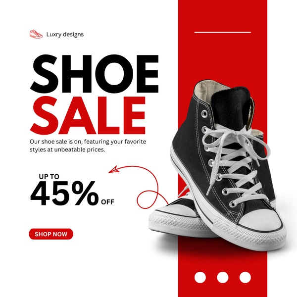 A clean, high-contrast promotional ad for sneakers featuring bold typography and a clear discount offer.
