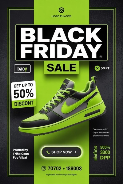 A vertical ad featuring a single running shoe set against a neon green and dark charcoal color palette to emphasize a holiday discount offer.