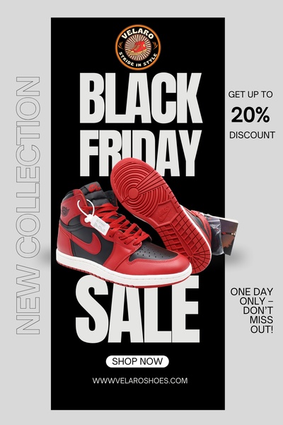 A vertical ad creative featuring a red and black sneaker against a stark black background, highlighting a 20 percent discount and limited-time urgency.