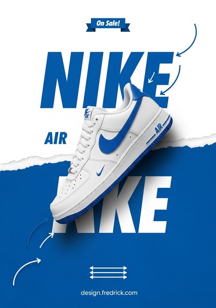A high-contrast advertisement for running shoes featuring aggressive typography, a central product shot, and directional arrows indicating a sale event.
