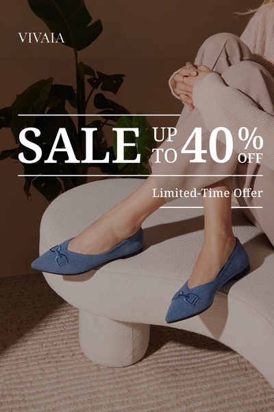 A clean, high-fashion lifestyle shot showcasing comfortable flats with a bold text overlay highlighting a limited-time 40% off sale.