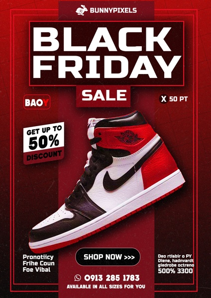 A vertical ad layout featuring a high-contrast red and black theme, showcasing a sneaker with a clear 'up to 50% discount' offer.