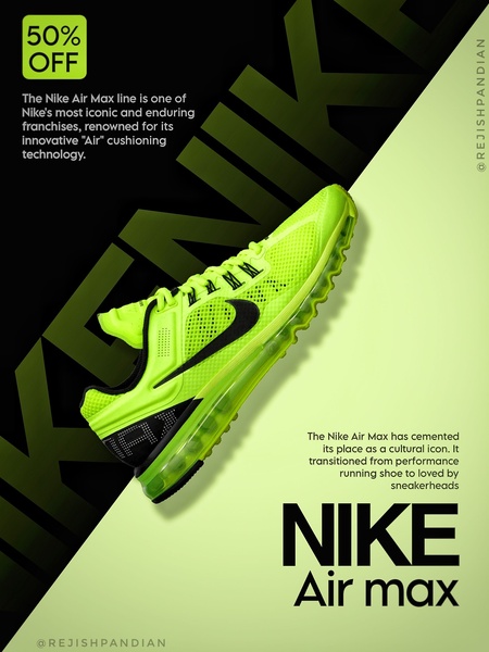 A high-contrast vertical advertisement featuring a neon yellow running shoe against a split black and light-green background with promotional text.