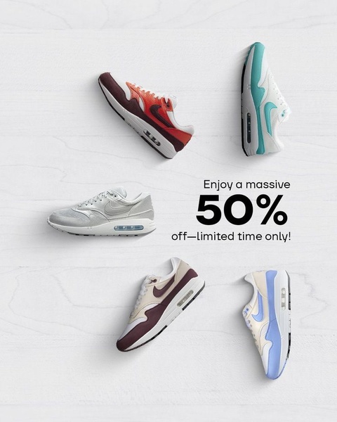A clean, white-background grid display showcasing five different colorways of a running shoe with a clear 50% off sales announcement.