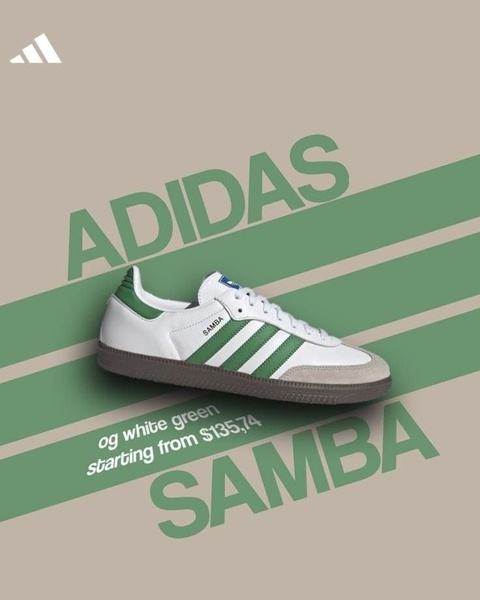 A clean, high-contrast ad featuring a single running shoe positioned against a diagonal striped background with clear pricing information.