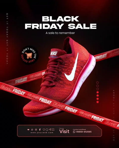 A high-contrast advertisement for running shoes featuring a floating product display surrounded by promotional branding and seasonal sale messaging.