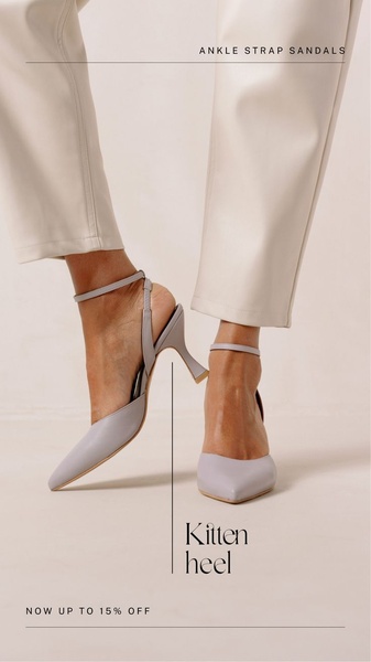 A high-fashion, minimalist ad featuring a studio shot of ankle strap sandals with clear product labeling and an offer overlay.