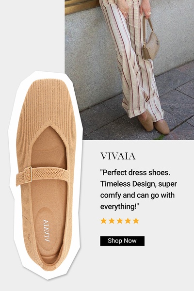 A high-converting 2:3 ratio ad featuring a clean product cutout of a knitted flat shoe alongside a lifestyle image and customer review.