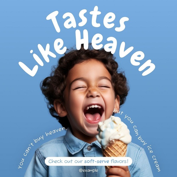 A high-energy, emotive ad featuring a child enjoying soft-serve ice cream, set against a solid blue background with bold, playful typography.