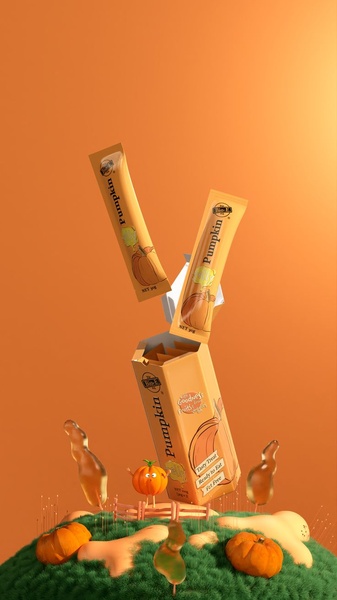 A high-concept, 3D animated-style render featuring pumpkin-flavored snack sticks floating above a stylized, miniature green landscape.