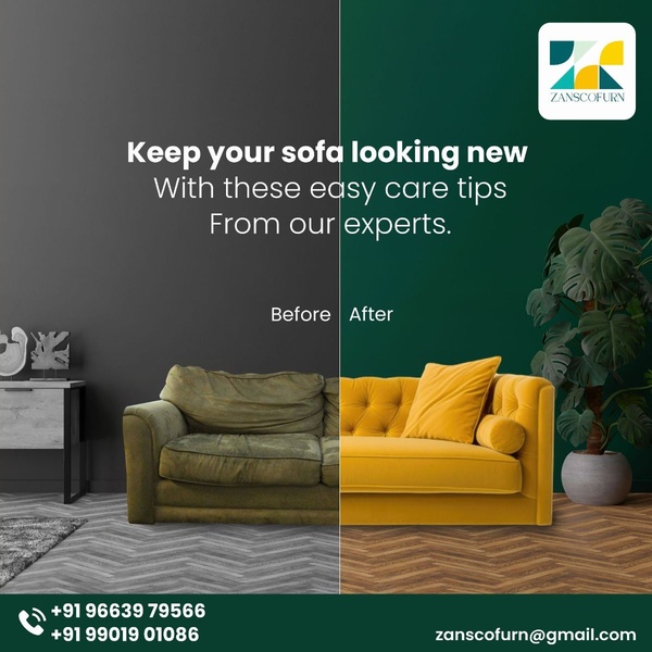 A split-screen comparison ad creative showcasing a worn sofa versus a refreshed sofa to promote furniture maintenance services.