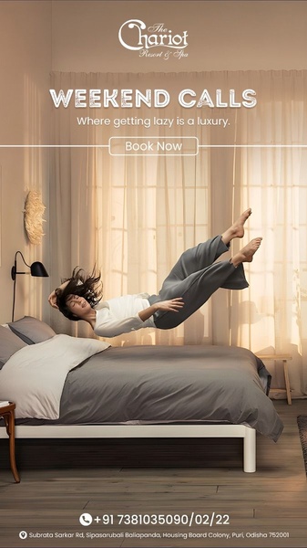 A surreal vertical ad creative depicting a person floating effortlessly above a resort bed to evoke a feeling of ultimate relaxation and luxury.