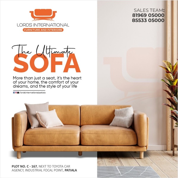 A high-conversion furniture ad featuring a central product image, minimalist typography, and a clear brand value proposition.