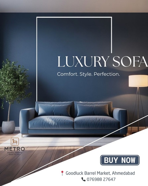 A high-end luxury sofa featured against a deep blue wall, utilizing a minimalist white frame overlay to create a premium, clean aesthetic.