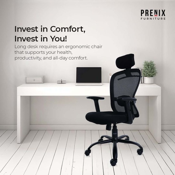 A clean, studio-lit 1:1 image featuring an ergonomic mesh chair set against a stark white desk background to emphasize product design and utility.
