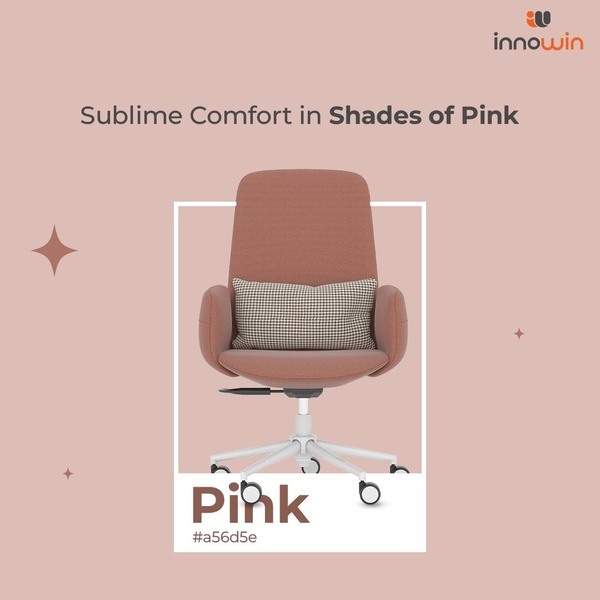 A high-end product presentation featuring a pink office chair centered within a frame, emphasizing color harmony and comfort.