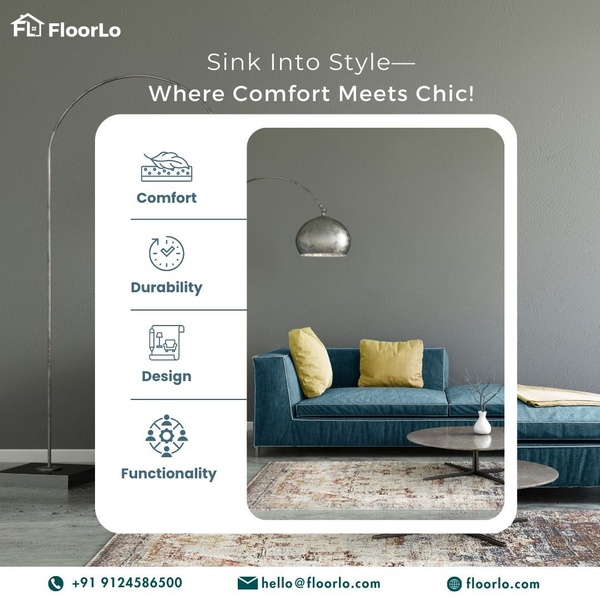 This ad creative utilizes a split-screen layout contrasting a lifestyle living room photo with a structured icon-based feature list to highlight key product benefits.