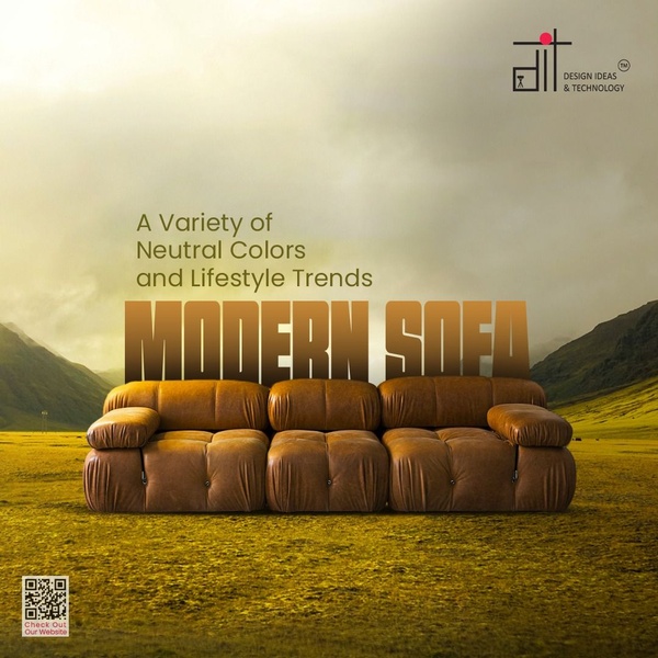 A high-end 1:1 image featuring a modern sofa placed in a dramatic, expansive outdoor landscape to emphasize lifestyle appeal.