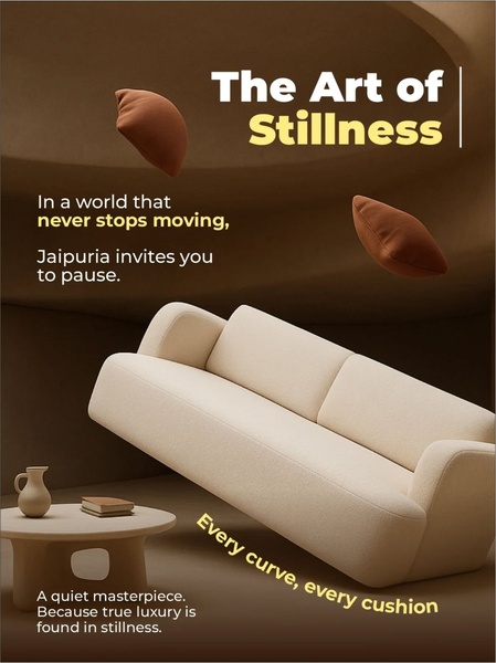 A high-end sofa ad creative using levitating product imagery and serene copy to position furniture as an essential component of a tranquil lifestyle.