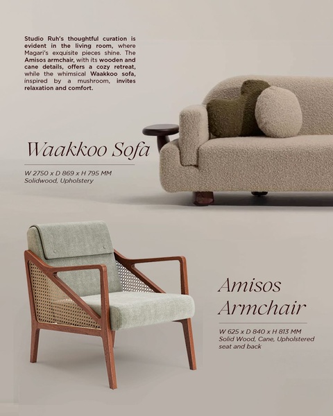 A split-view layout featuring the Amisos Armchair and the Waakoo Sofa, highlighting specific design names and physical product dimensions.