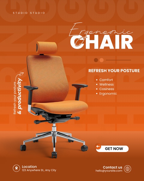 A high-contrast, minimalist promotional graphic showcasing an ergonomic office chair with a focus on posture and wellness benefits.