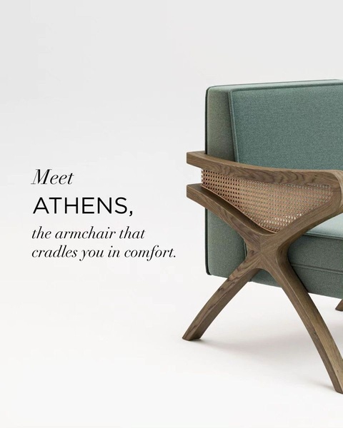 This ad features a clean, studio-lit photograph of a high-end armchair, focusing on its unique textures and ergonomic design to communicate comfort.