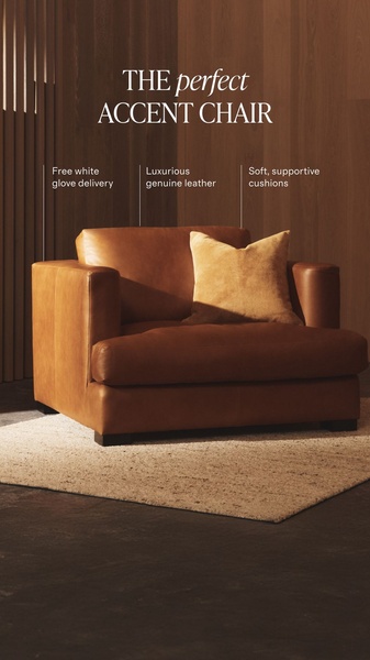 A high-end, clean studio shot of an accent chair with white-glove service and material callouts that build immediate trust.
