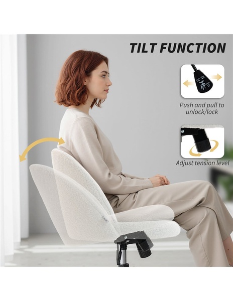 A clean, minimalist product ad showcasing the tilt mechanism of an office chair using clear callouts and visual overlays.