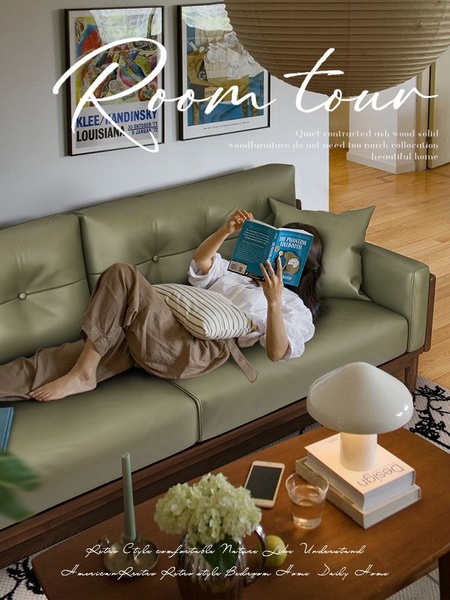 A high-quality 3:4 portrait image showing a person relaxing on a green leather sofa, emphasizing comfort and minimalist interior design.