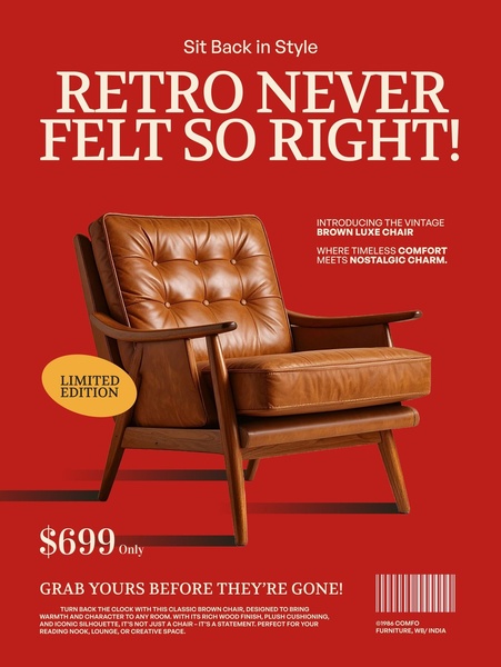A high-contrast advertisement for a brown vintage lounge chair featuring bold typography and a clear, time-sensitive value proposition.