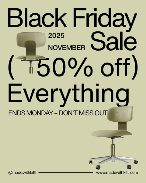 A clean, high-contrast ad featuring a single office chair centered on a solid sage background with bold typography communicating a sitewide discount.
