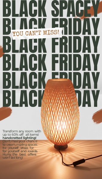 A 9:16 vertical ad creative featuring a backlit bamboo lamp against a repetitive, high-contrast 'Black Friday' typographic background.