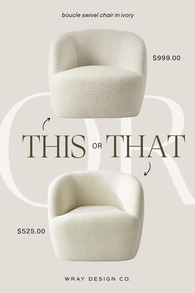 A split-screen style creative comparing a $999 version of a boucle swivel chair to a $525 version, using a minimalist 'This or That' visual hook.