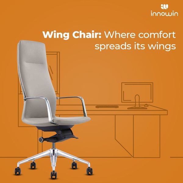A clean, minimalist studio-style ad showcasing a grey office chair against a solid orange background with subtle line-art workspace imagery.