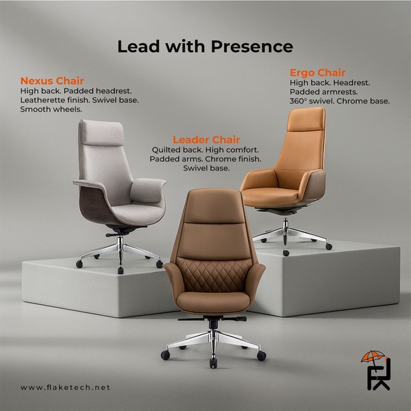 A high-quality 1:1 creative comparing three office chair models side-by-side on display pedestals to showcase unique design and finish details.